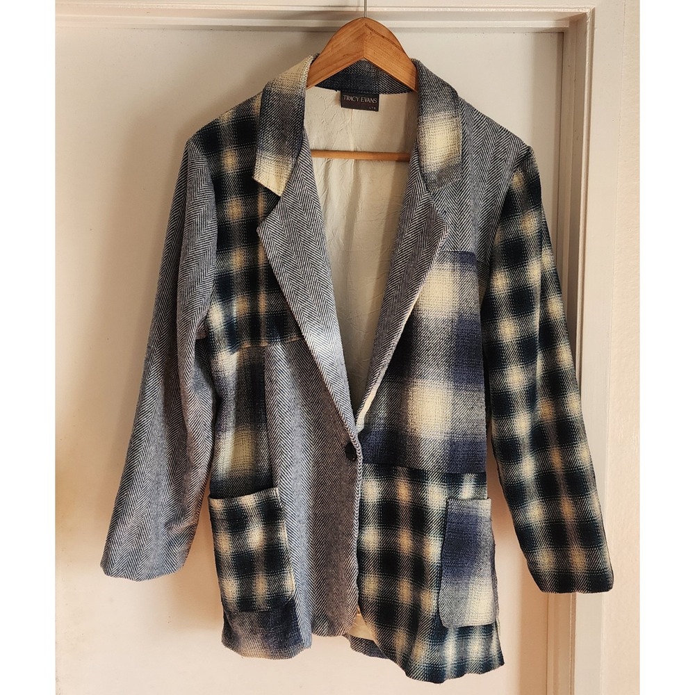 TRACY EVANS LTD Blue Mix‎ Print Blazer Jacket Plaid Herringbone Women's Sz M